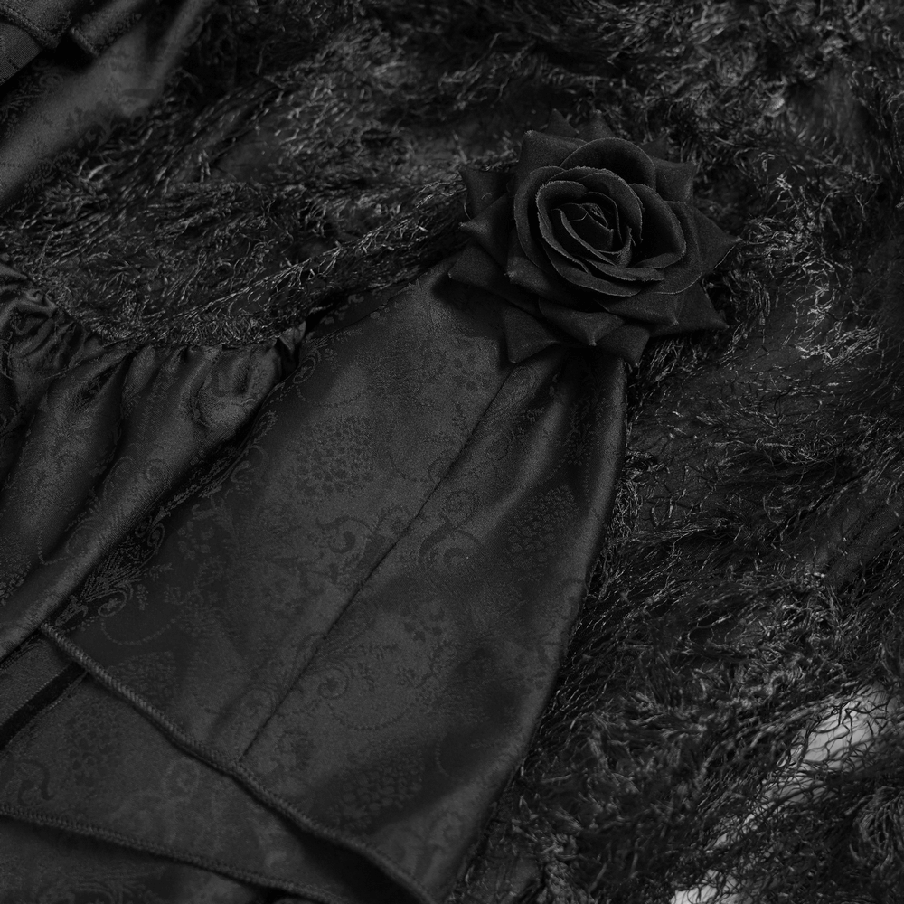 Victorian-Inspired Gothic Ruffle Skirt with Cross Details featuring black satin and rose embellishments.