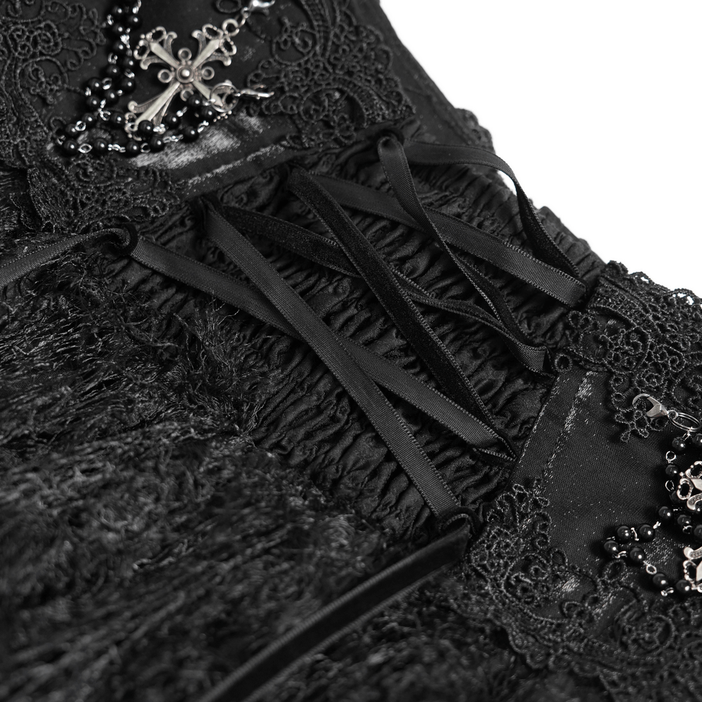 Victorian-Inspired Gothic Ruffle Skirt with Cross Details showing lace and corset lacing.