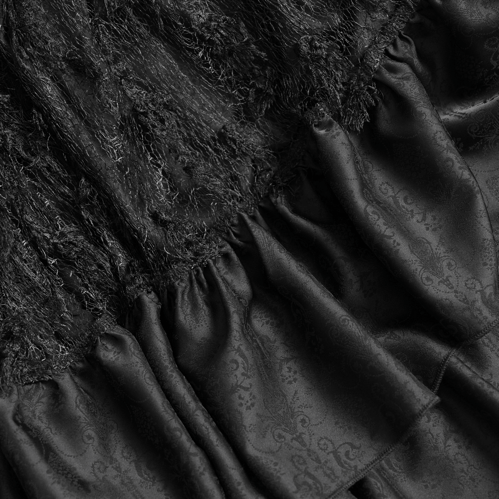 Victorian-Inspired Gothic Ruffle Skirt with Cross Details in layered black satin and lace textures.