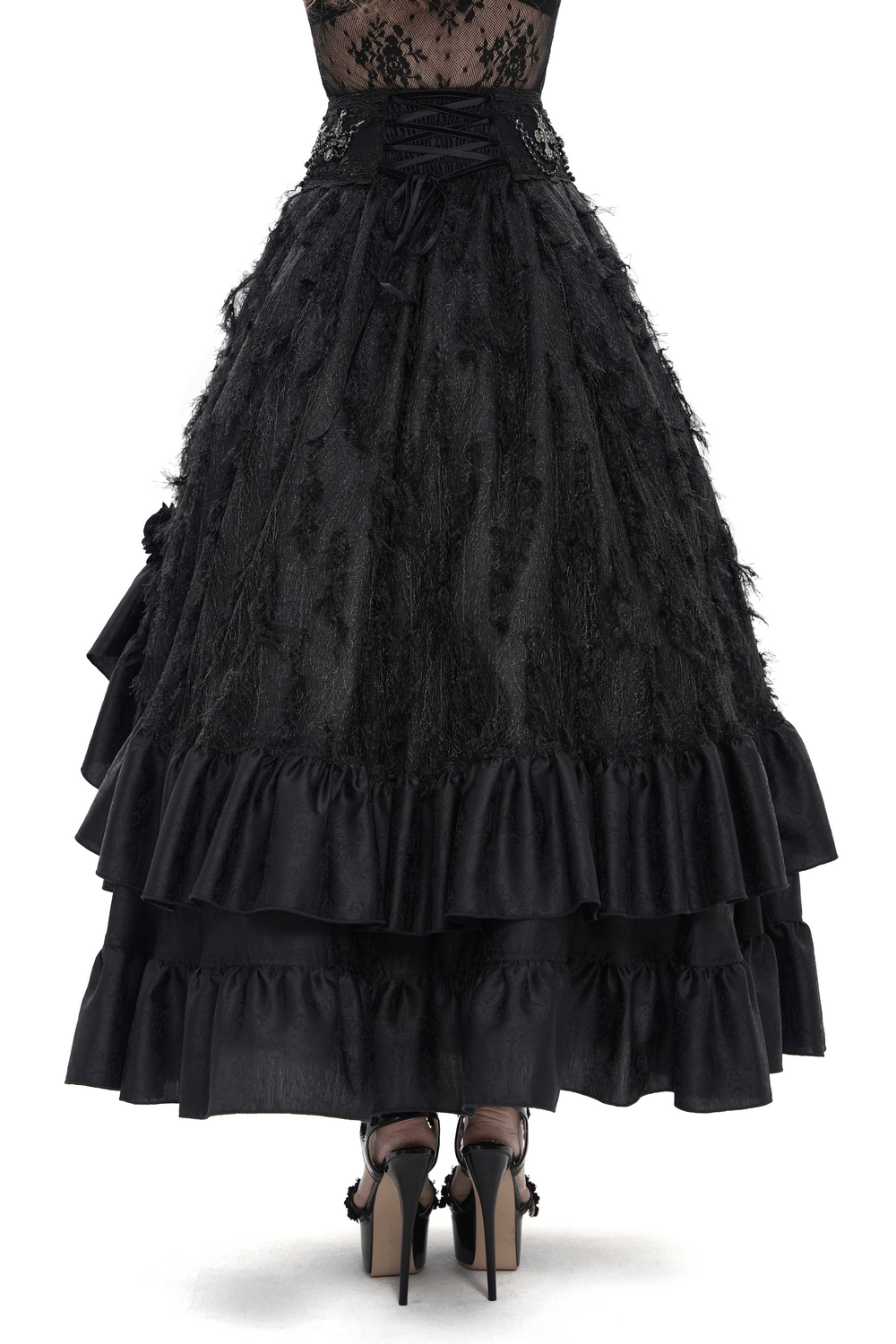 Victorian-Inspired Gothic Ruffle Skirt with Cross Details showcasing layered ruffles and corset-style lacing.