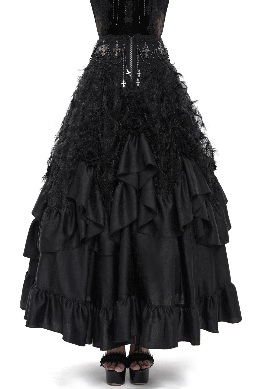 Victorian-Inspired Gothic Ruffle Skirt with Cross Details showcasing layered ruffles and rose embellishments.