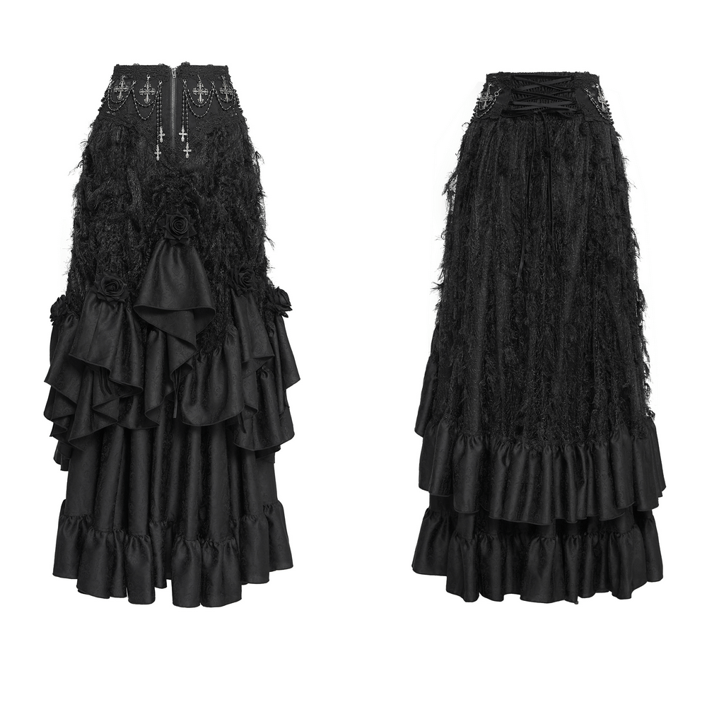 Victorian-Inspired Gothic Ruffle Skirt with Cross Details showcasing layered satin ruffles and cross embellishments.