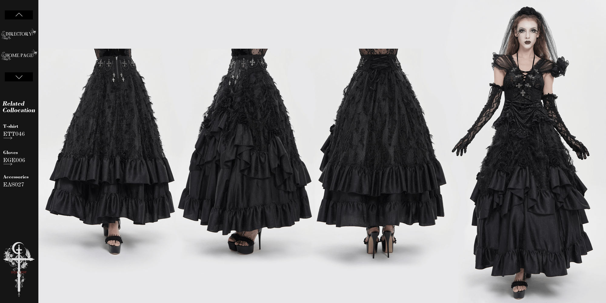 Victorian-Inspired Gothic Ruffle Skirt with Cross Details showcasing layered satin ruffles and elegant design.