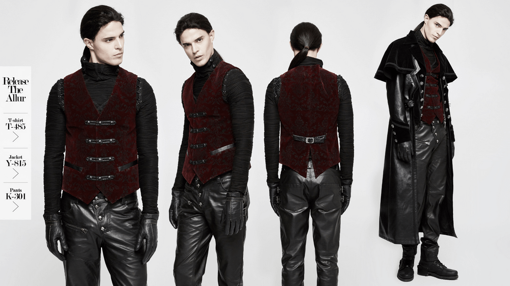 Victorian-inspired Gothic velveteen waistcoat with intricate printing and a tailored fit, showcased in dark elegance.