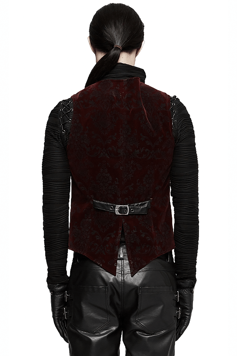 Back view of a Victorian-inspired Gothic velveteen waistcoat with intricate printing and leather straps.