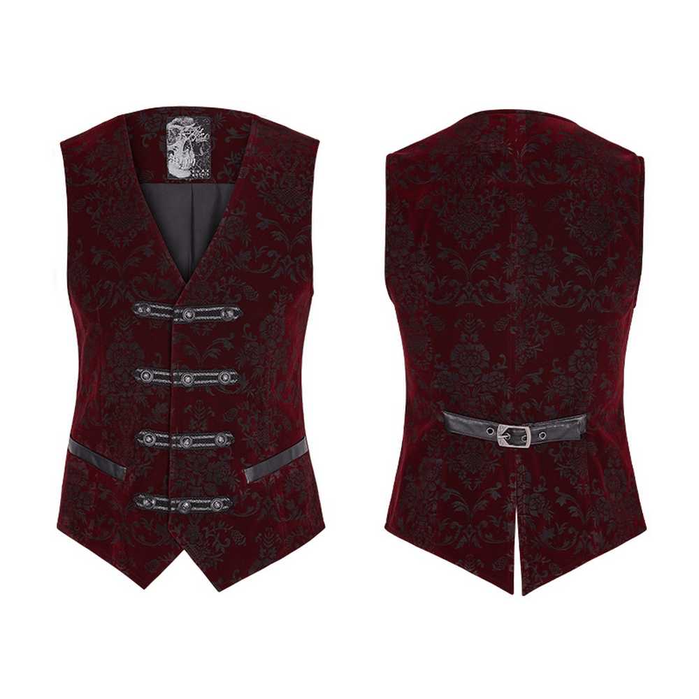 Victorian-inspired gothic velveteen waistcoat in rich burgundy with intricate printing and snap buttons.