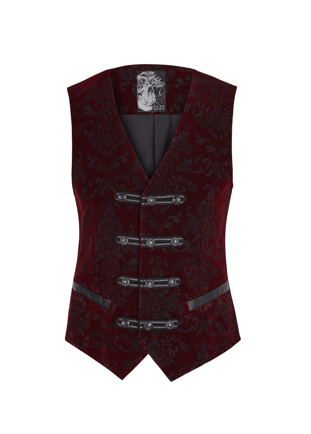 Victorian-inspired gothic velveteen waistcoat with intricate print and snap button detail.