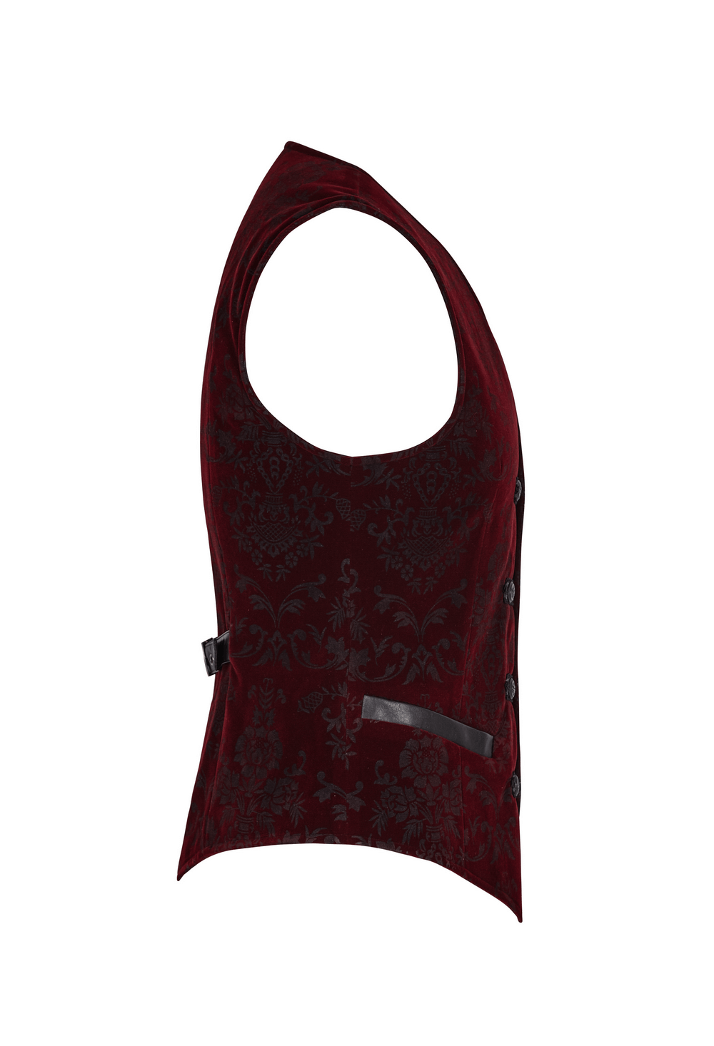 Victorian-inspired gothic velveteen waistcoat in rich burgundy with intricate patterns and snap buttons.