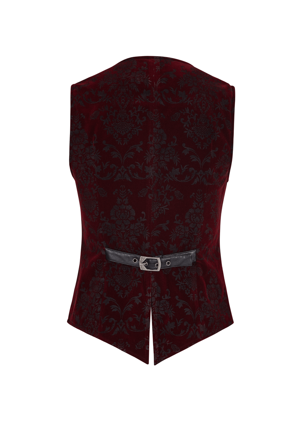 Back view of a Victorian-inspired Gothic velveteen waistcoat with intricate printing and a stylish buckle detail.