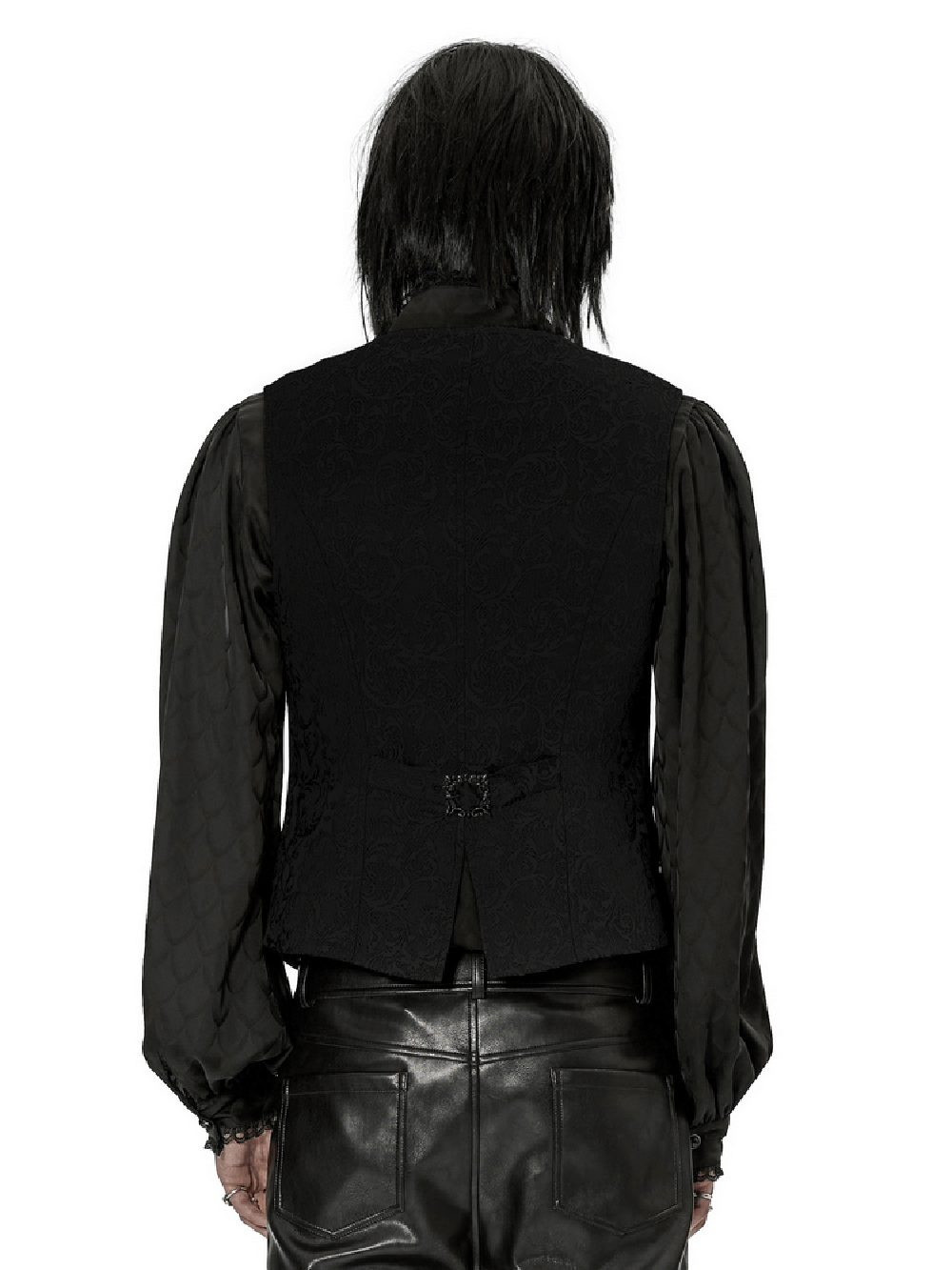 Back view of Victorian-inspired Jacquard Goth vest showcasing intricate pattern and hand-sewn button details.