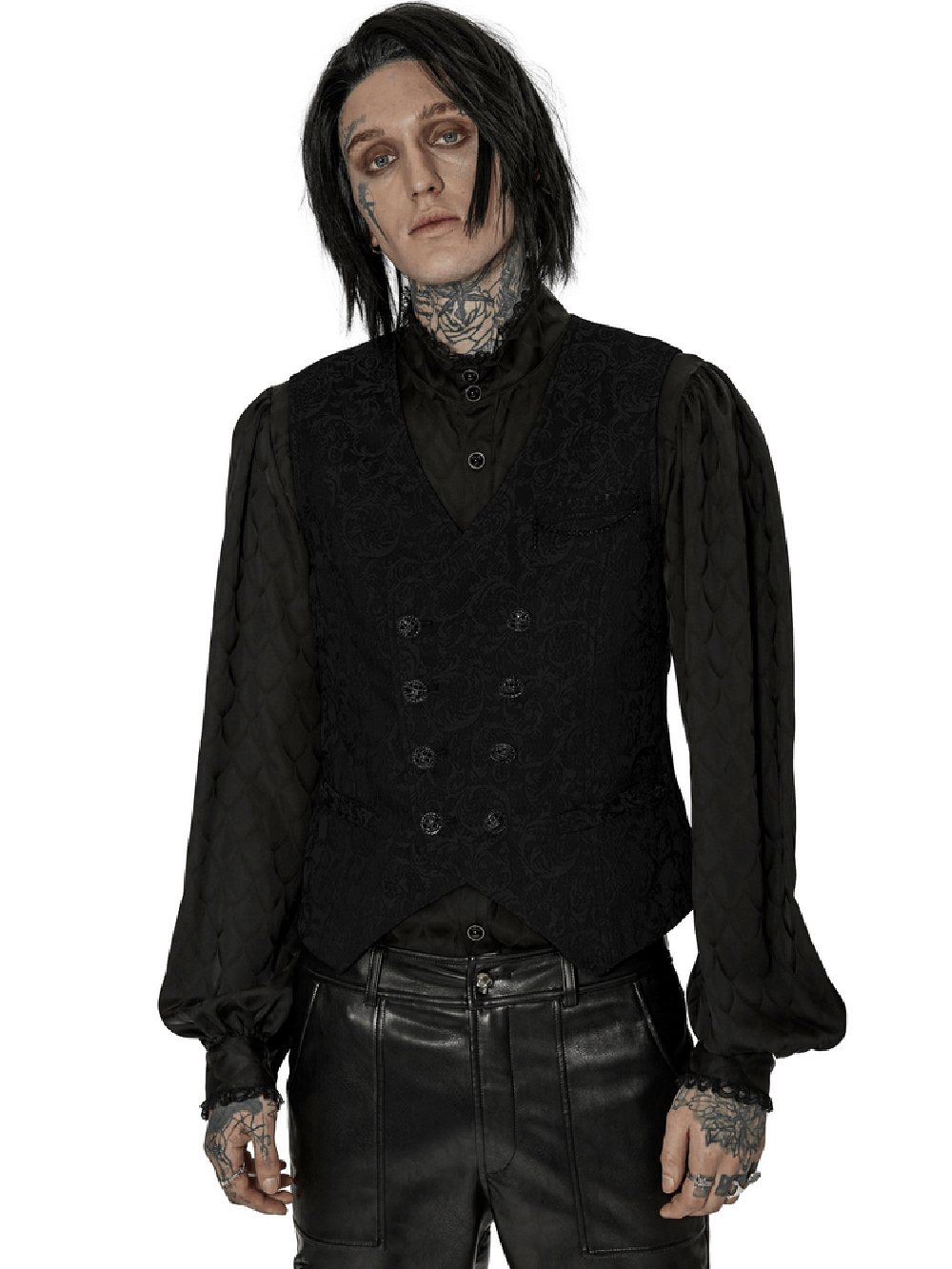 Victorian-inspired black goth vest with detailed buttons and elegant jacquard fabric, perfect for vintage style.