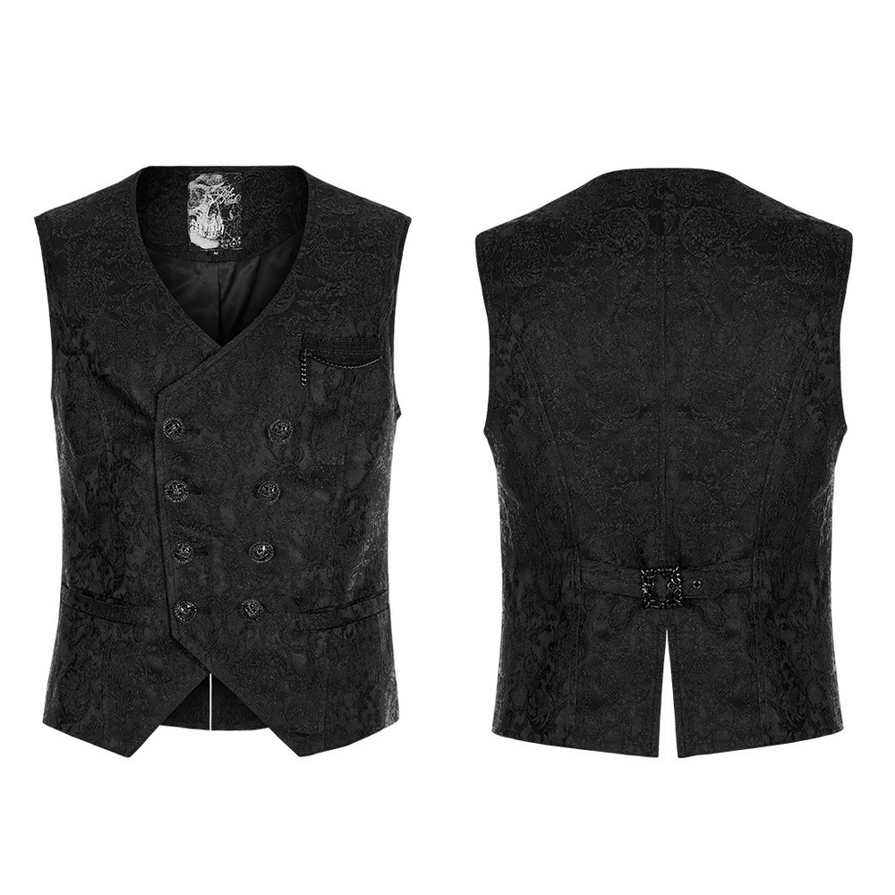 Victorian-inspired black jacquard vest with detailed buttons and 3D pattern, perfect for gothic fashion.