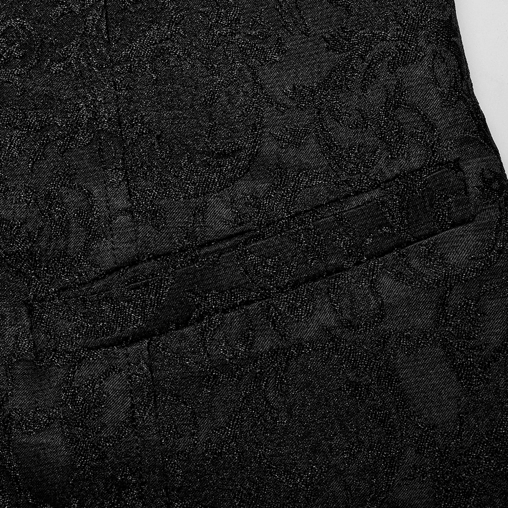 Close-up of Victorian-inspired jacquard fabric featuring elegant 3D patterns for a Goth vest.