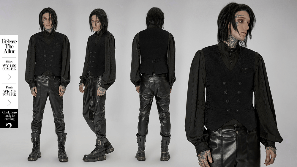 Victorian-inspired jacquard Goth vest with hand-sewn buttons, styled with leather pants and boots.