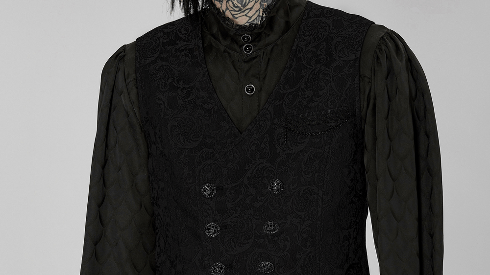 Victorian-inspired jacquard formal goth vest with detailed buttons and vintage elegance.