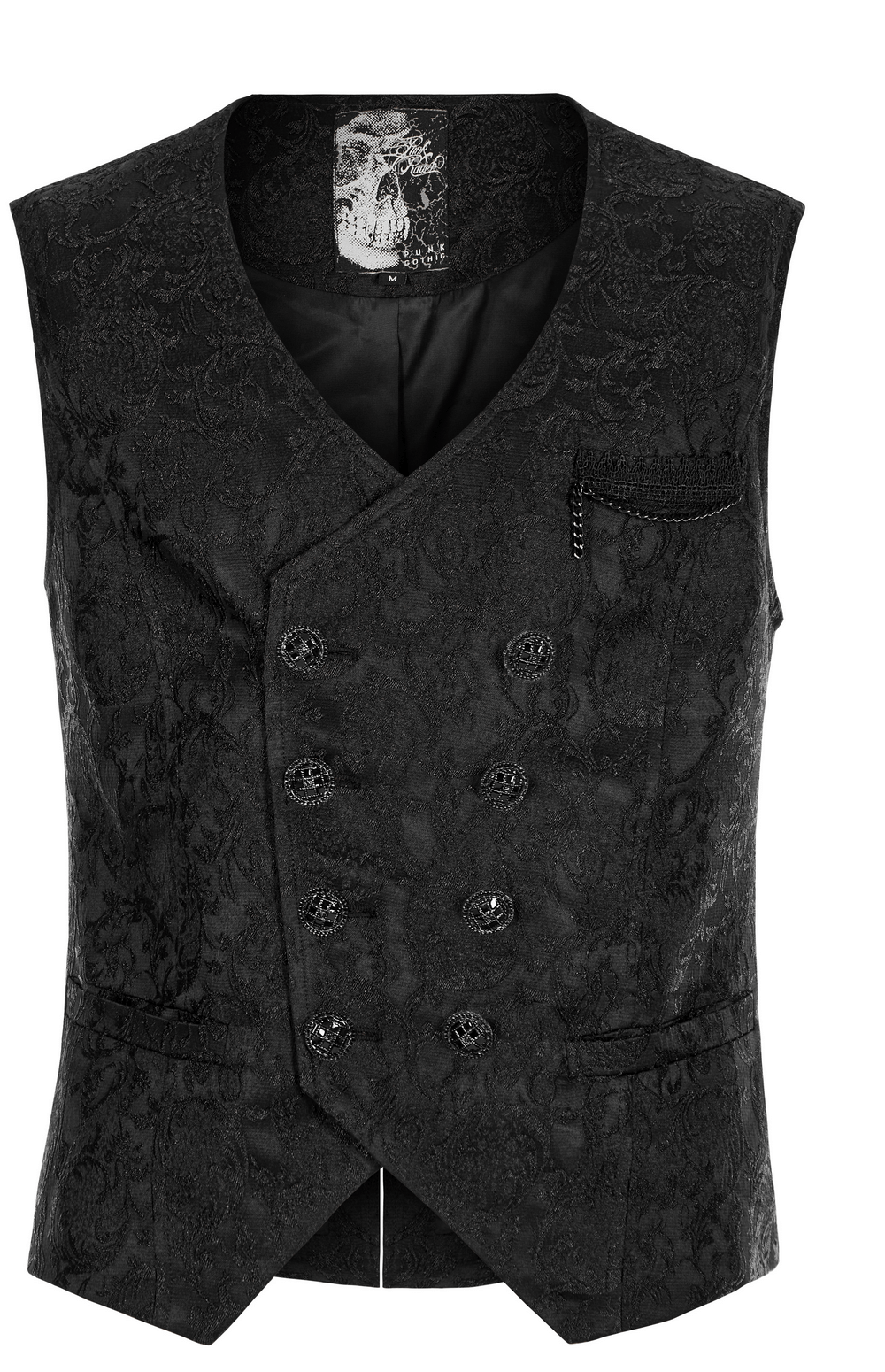 Victorian-inspired black jacquard goth vest with hand-sewn buttons and a stylish pocket detail.