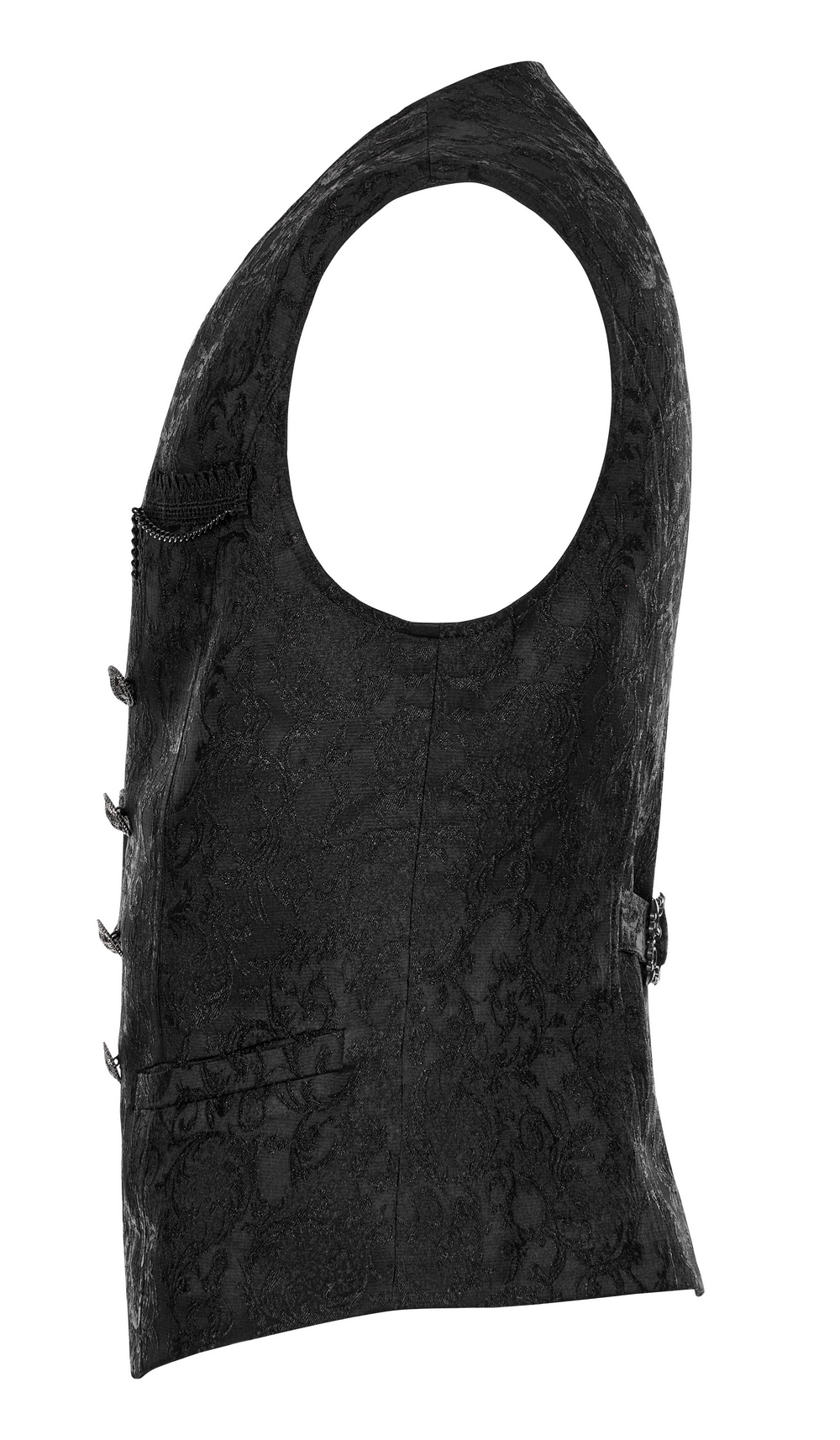 Victorian-inspired black jacquard formal goth vest with intricate 3D pattern and hand-sewn buttons.