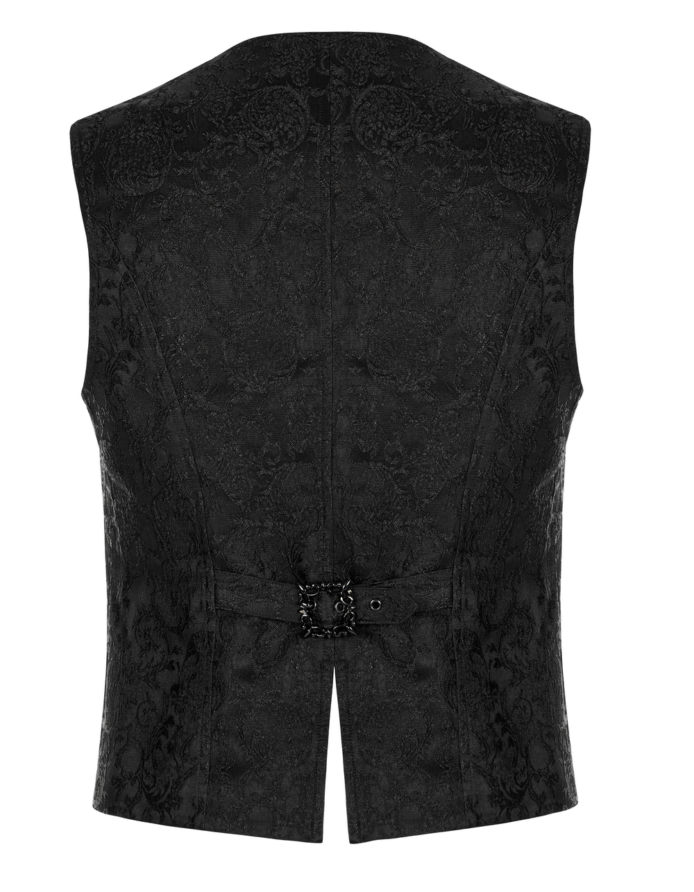 Elegant black Gothic vest featuring intricate jacquard pattern and a stylish back buckle detail.