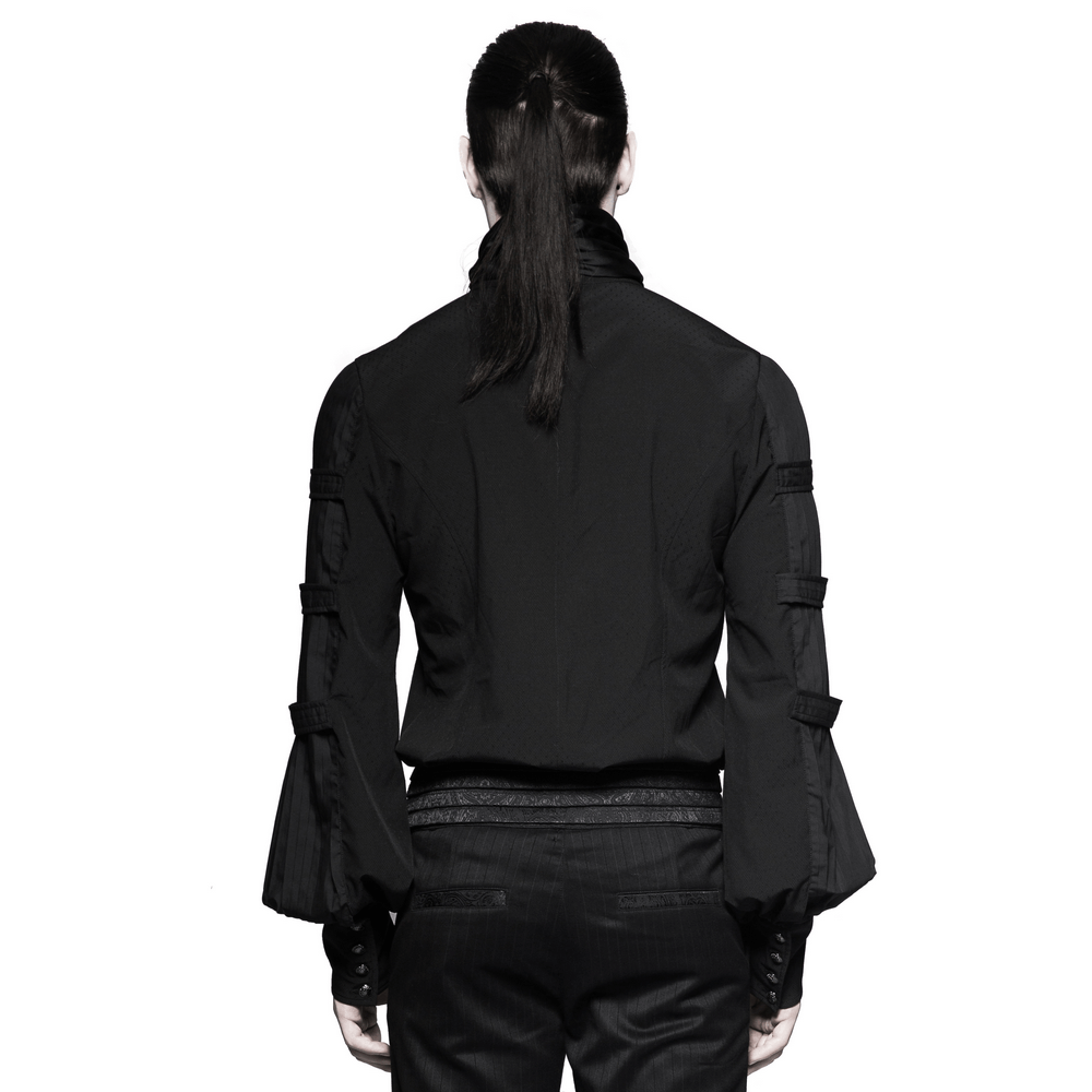 Back view of a Victorian-inspired steampunk shirt with elegant pleated sleeves and stylish design.