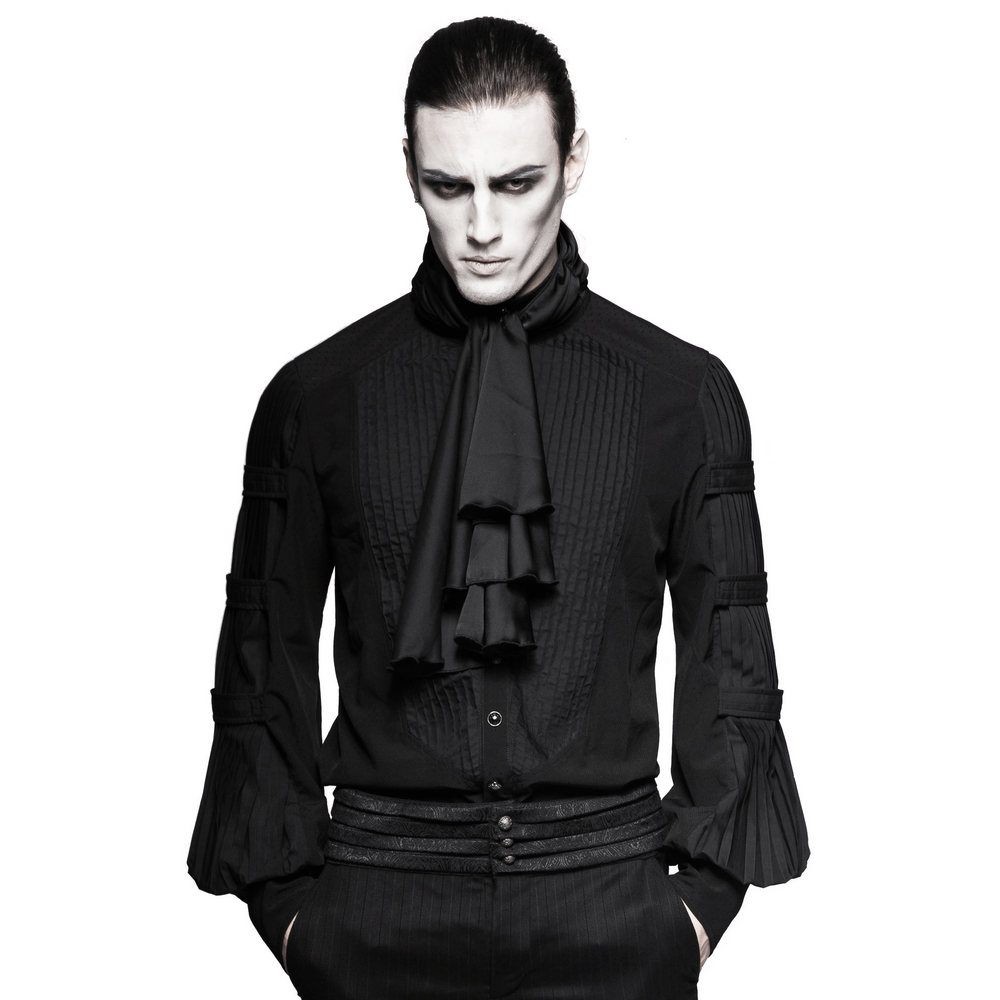 Victorian-inspired black Jacquard Steampunk shirt with pleats and necktie worn by a male model.