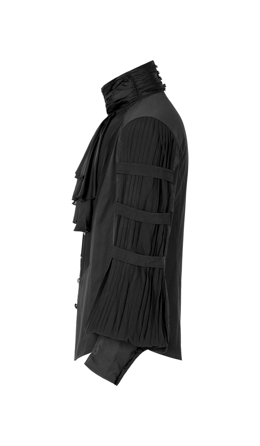 Victorian-inspired black steampunk shirt side view, featuring pleated sleeves and elegant necktie detail.