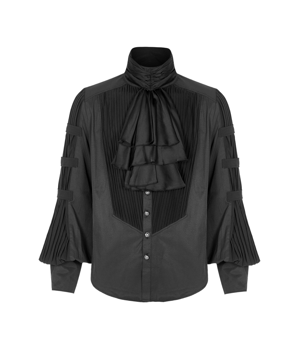 Victorian-inspired black Jacquard Steampunk shirt with pleated sleeves and necktie for elegant gentleman fashion.