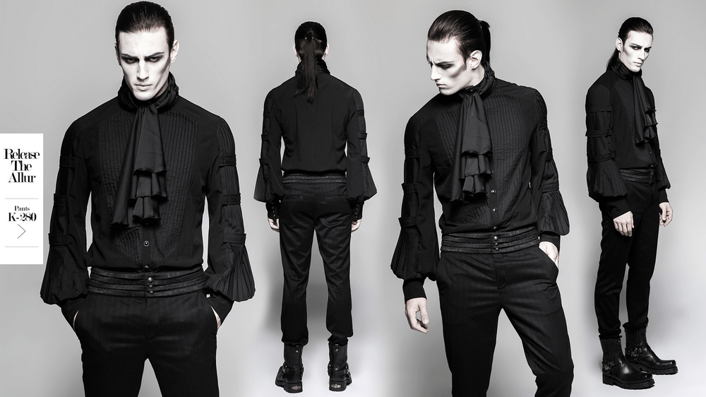 Victorian-inspired steampunk shirt with necktie, showcasing intricate jacquard fabric and elegant pleat design.