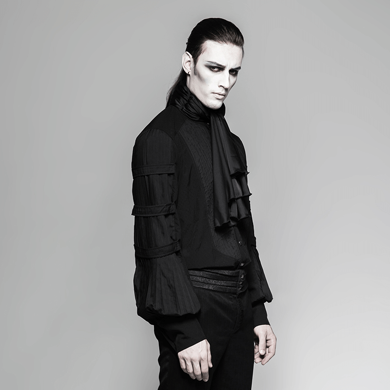 Victorian-inspired black steampunk shirt with tie, showcasing elegant pleated sleeves and classic gothic style.