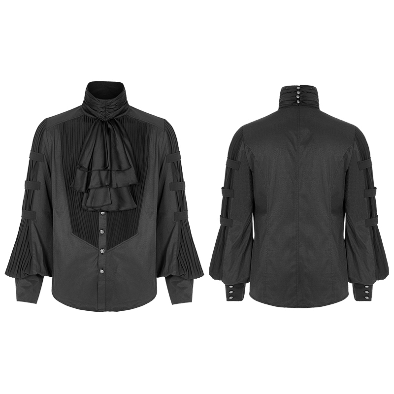 Victorian-inspired black steampunk shirt with pleated sleeves and necktie detail, showcasing vintage elegance.
