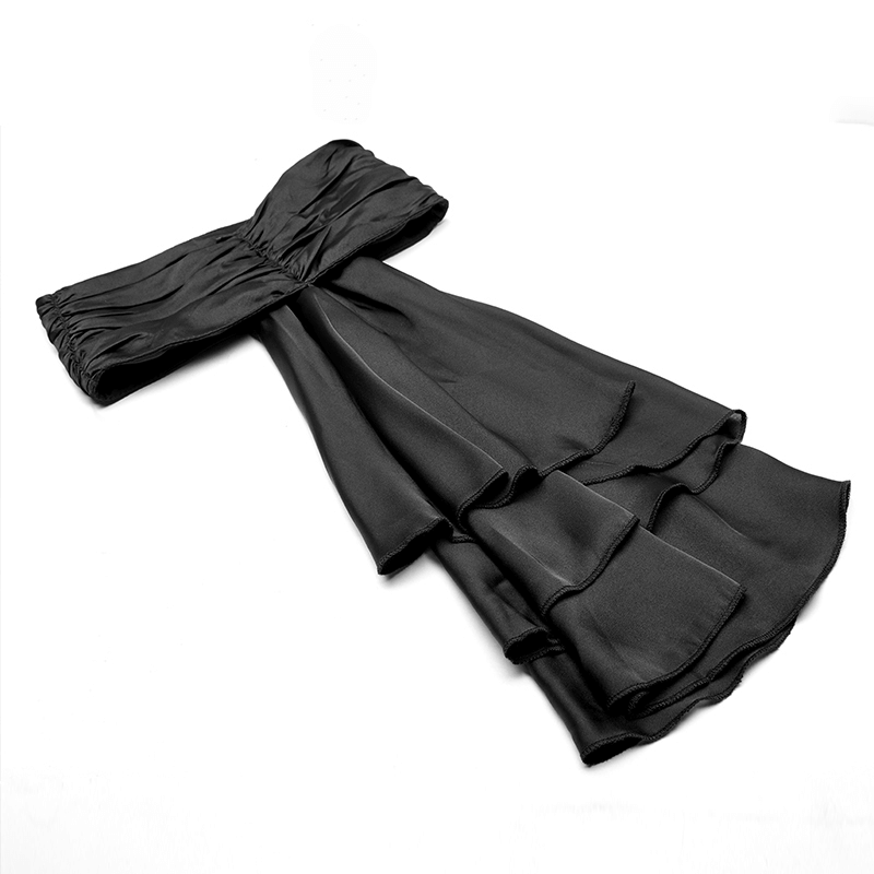 Elegant black satin dress with ruffled skirt and gathered bodice, perfect for formal occasions.
