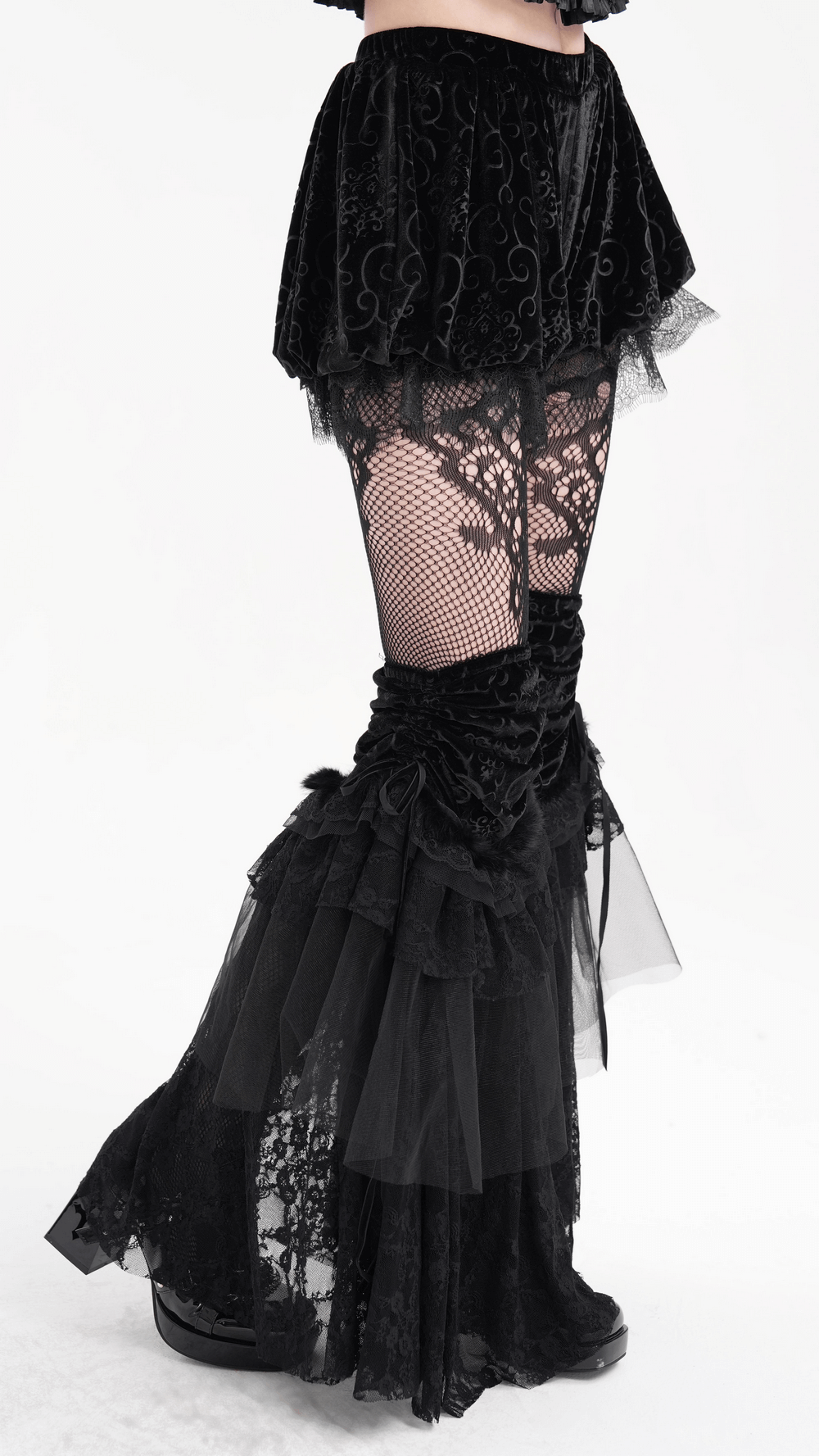 Elegant Victorian-inspired leg warmers with lace and tulle, perfect for gothic fashion or cosplay ensembles.