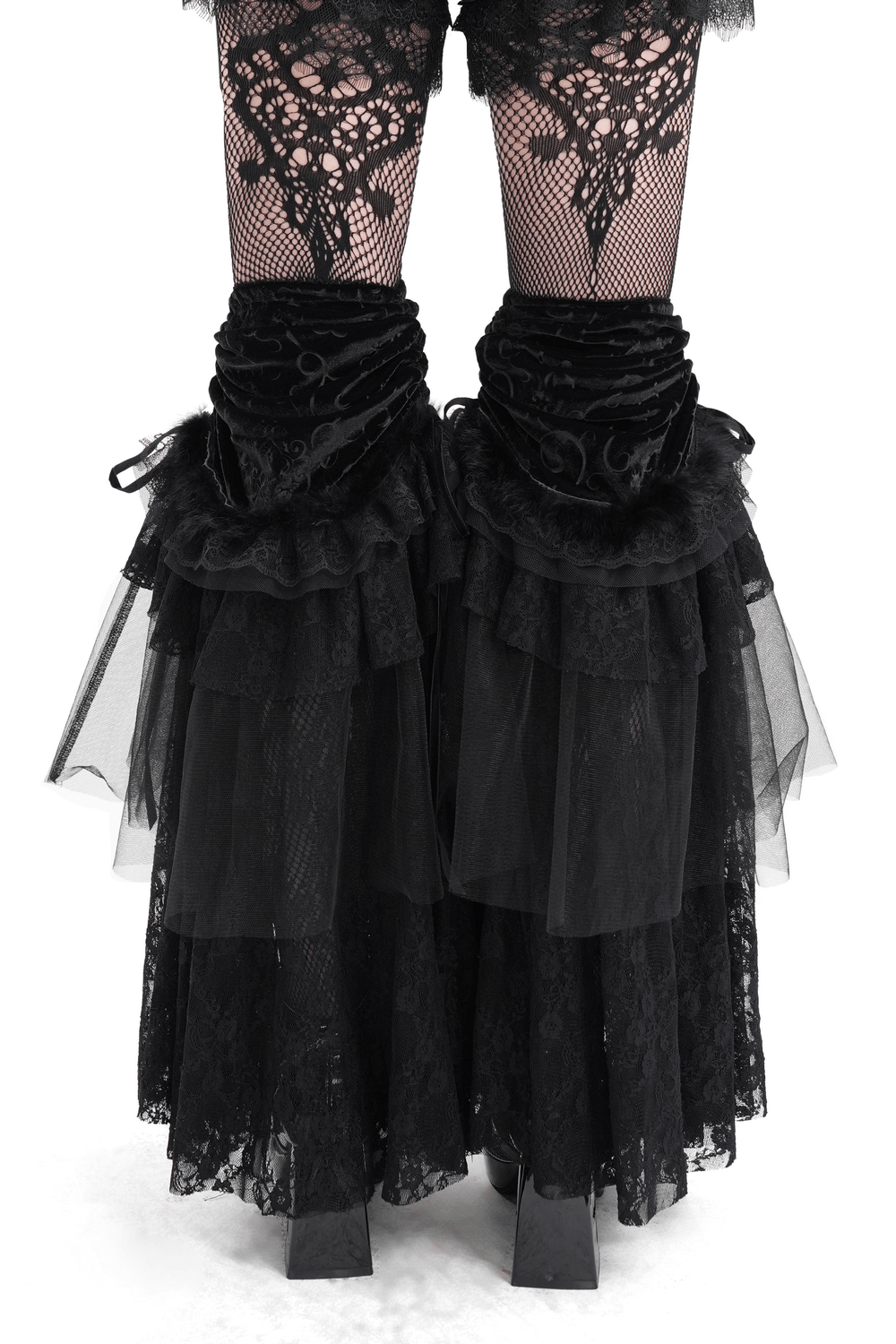 Gothic Victorian-inspired lace and velvet leg warmers with tulle layers and adjustable drawstrings.