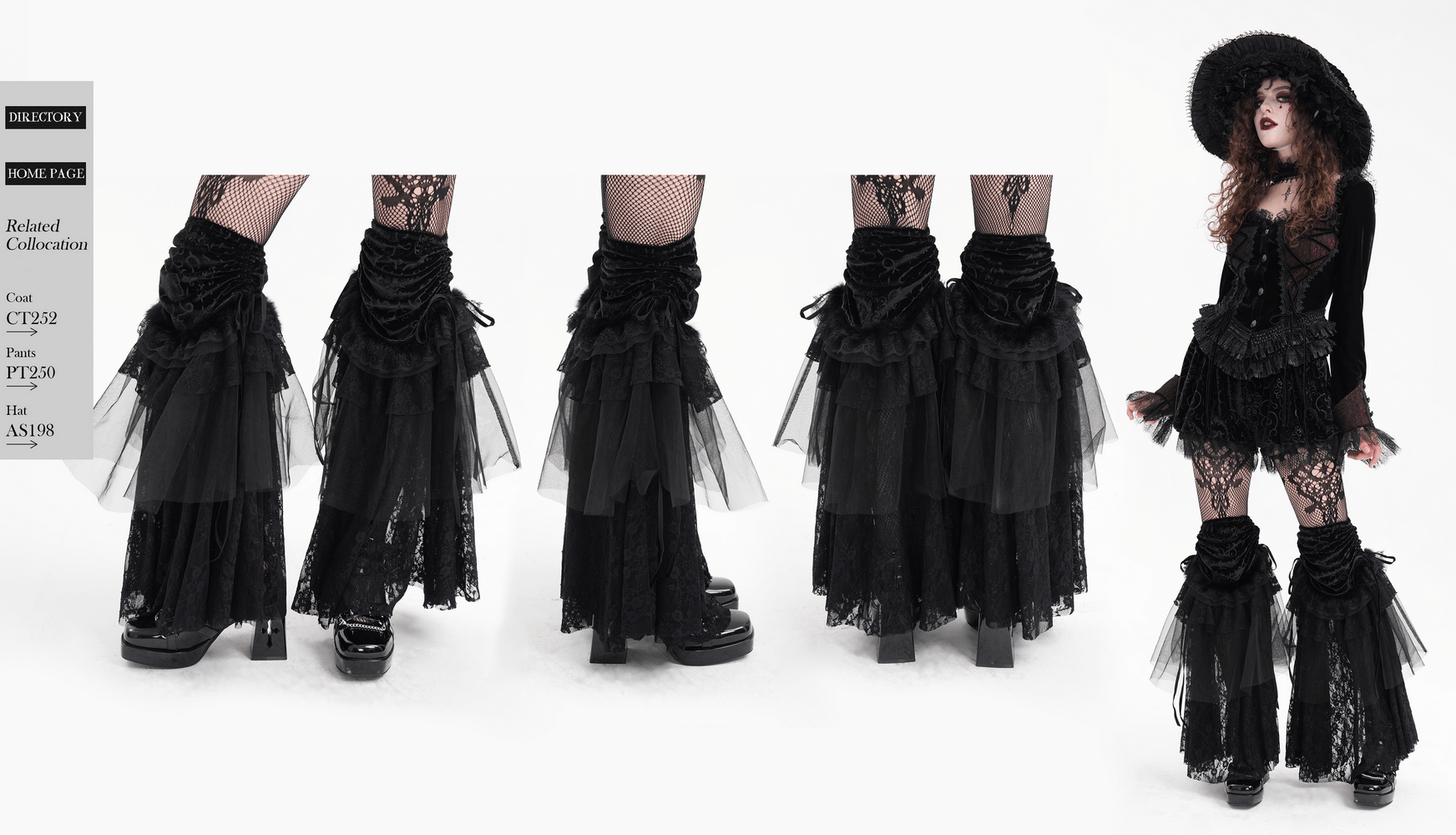 Elegant Victorian-inspired lace and velvet layered leg warmers in gothic style with flowing tulle and adjustable drawstrings.