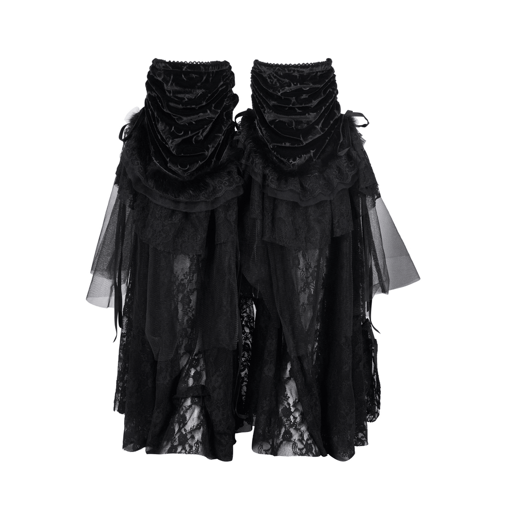 Victorian-inspired gothic leg warmers with lace and velvet, featuring ruched and flowing tulle layers.