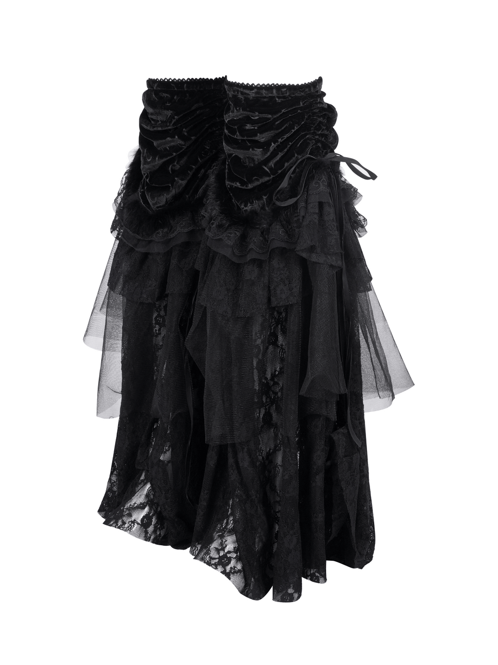 Gothic Victorian-inspired lace and velvet layered leg warmers with tulle ruffles and adjustable drawstrings.