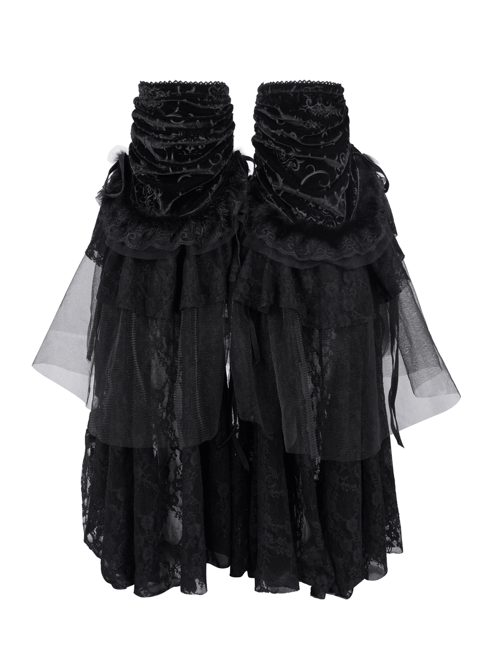 Victorian-inspired leg warmers in black velvet and lace, featuring ruched design and tulle layers for a gothic look.