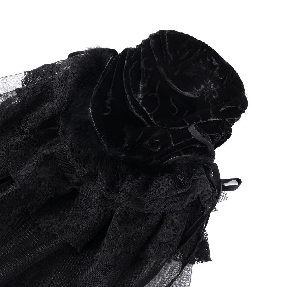 Elegant black velvet and lace layered leg warmers, perfect for gothic fashion and cosplay ensembles.