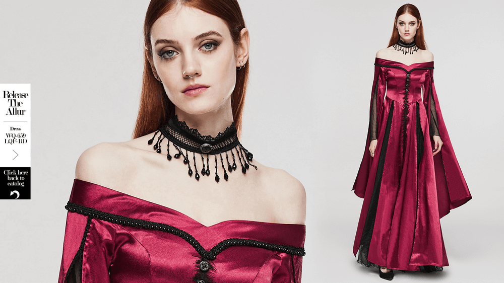 Elegant model in a burgundy satin gown with an off-shoulder design, wearing a black lace choker with pearl tassels.