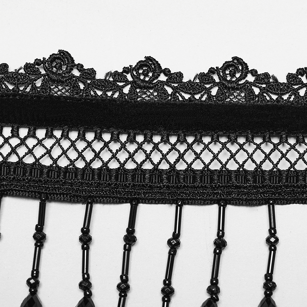 Close-up of a Victorian-inspired black lace choker with pearl tassels and beaded detail, perfect for gothic elegance.