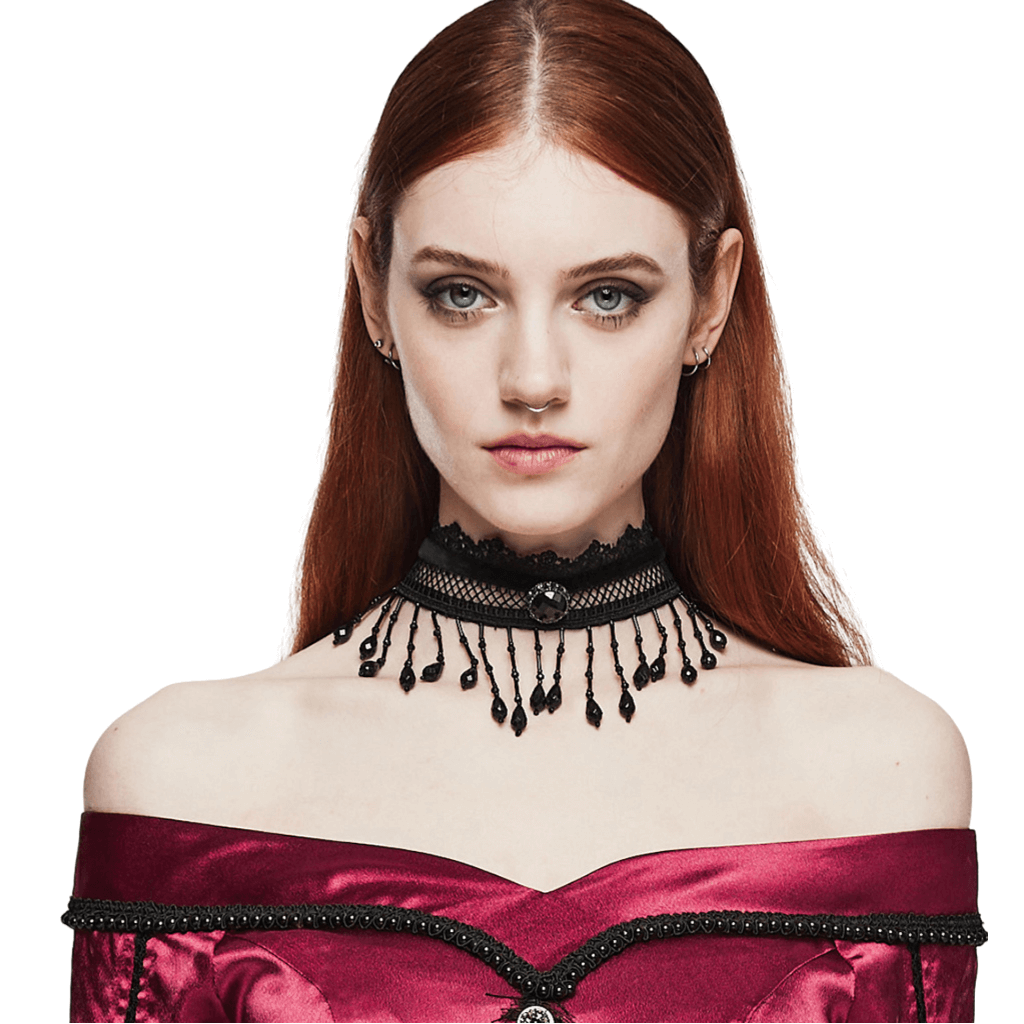 Victorian-inspired lace choker with black beads and pearl tassels, paired with an elegant off-shoulder dress.