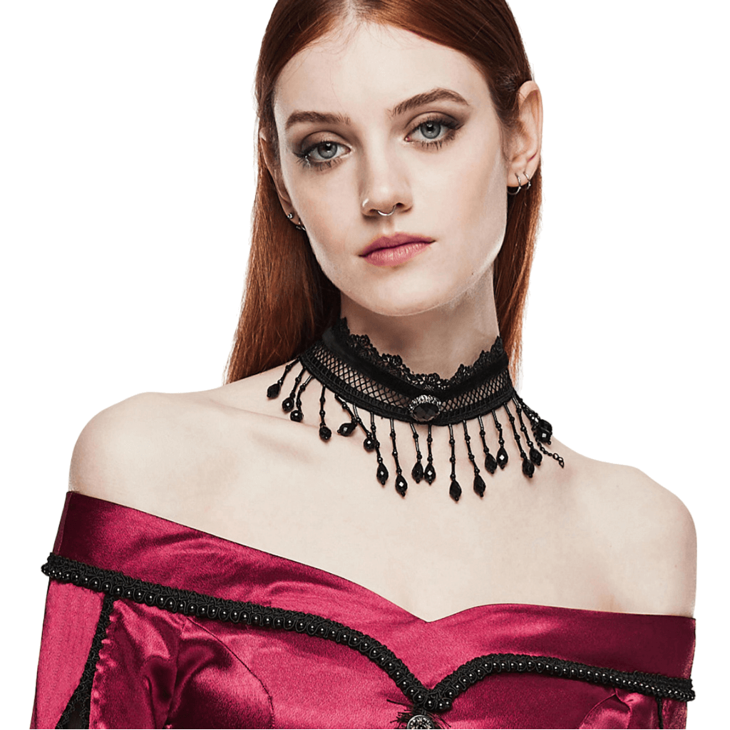 Elegant Victorian-inspired lace choker with black beads and pearl tassels, perfect for gothic fashion.