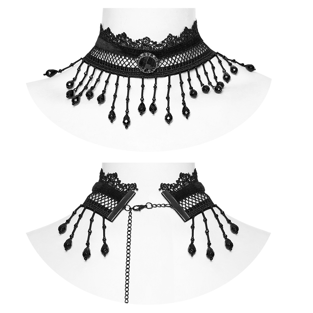 Victorian-inspired lace choker with black beads and tassels, perfect for elegant goth fashion.
