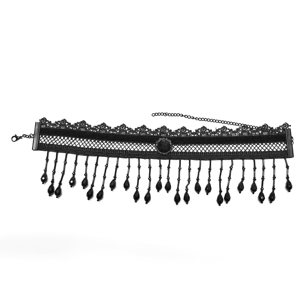 Victorian-inspired black lace choker with pearl tassels and beaded details for gothic elegance.