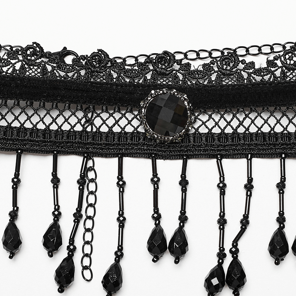 Victorian-inspired lace choker with black beads and pearl tassels, showcasing elegant gothic style.