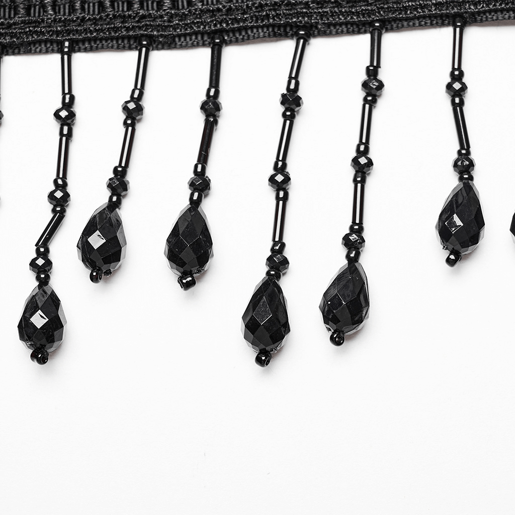Elegant black beaded detail of a Victorian-inspired choker with stunning tassels for a gothic look.