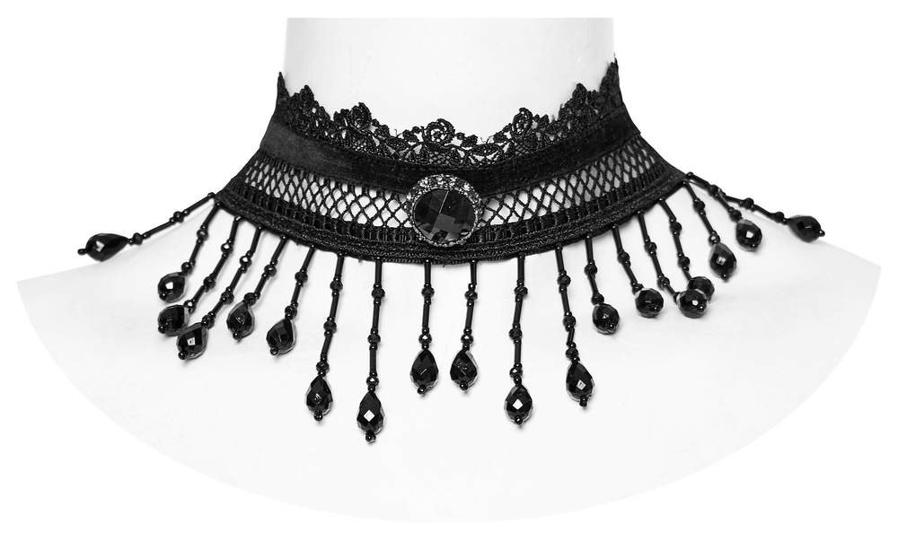 Victorian-inspired lace choker with black beads and pearl tassels, adding gothic elegance to any outfit.