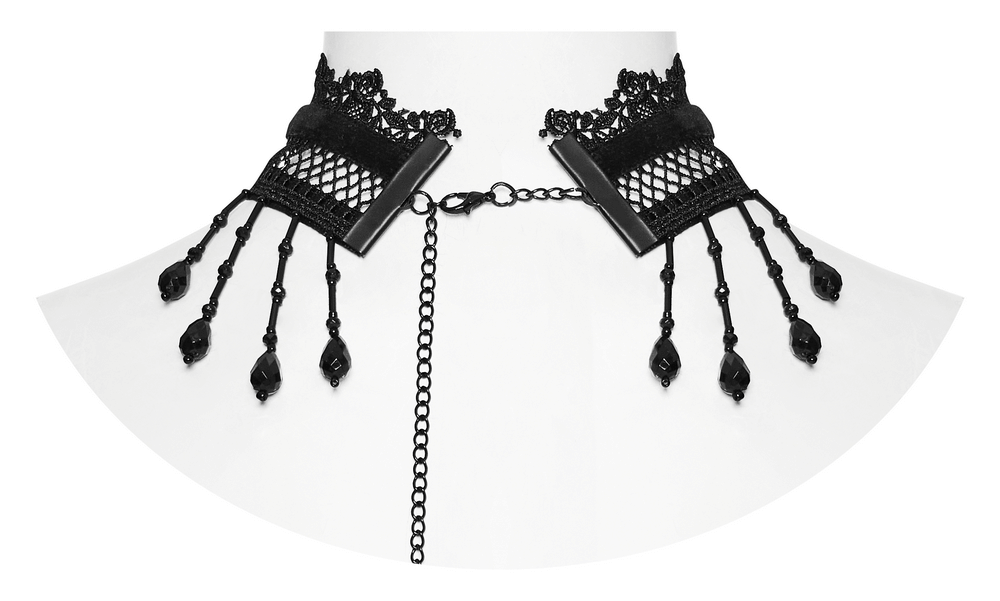 Elegant Victorian lace choker with black beads and pearl tassels, perfect for gothic-inspired fashion.