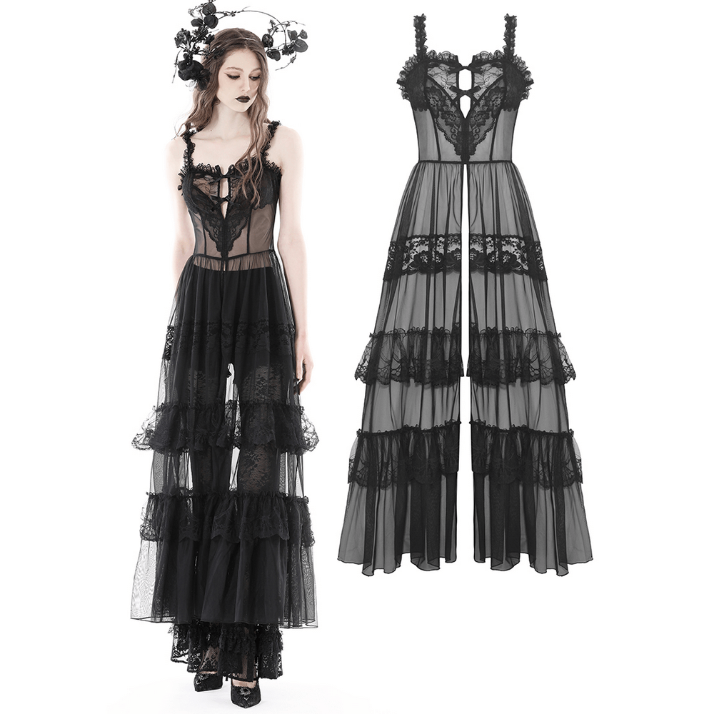 Victorian-inspired black lace maxi dress with sheer panels and heart-shaped cutout, perfect for a dark and romantic look.
