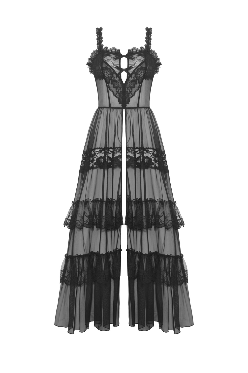 Victorian-inspired black lace maxi dress with sheer panels and heart-shaped cutout, perfect for dark romantic vibes.