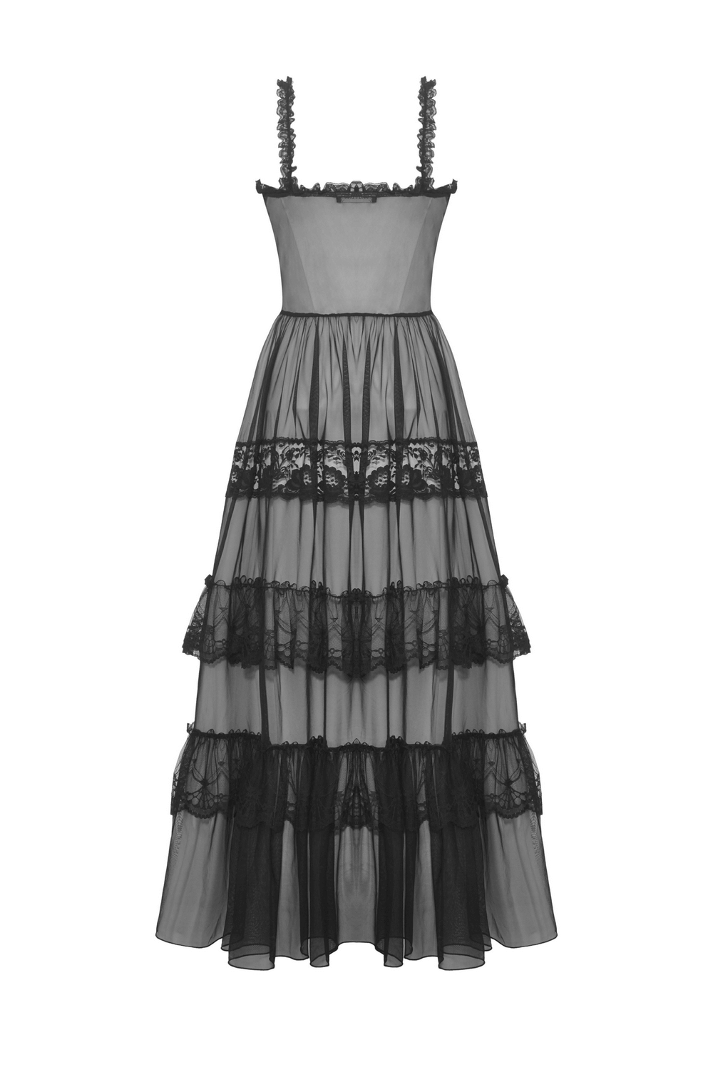 Victorian-inspired black lace maxi dress with sheer panels and tiered design, perfect for a dark romantic look.